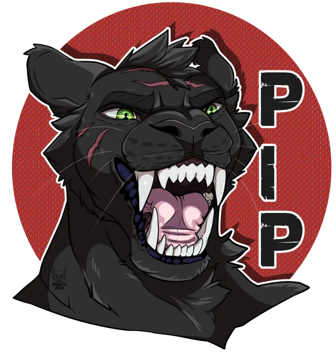 Badge of Pip, a black panther with green eyes, roaring in front of a red circle